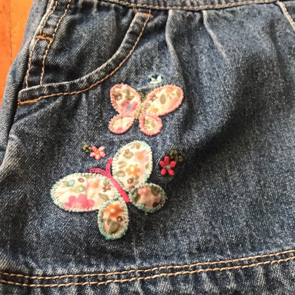 OshKosh B'gosh Blue Denim Pinafore Dress with Rainbow & Butterfly Embroidery